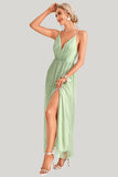 A-Line Tulle Light Green Spaghetti Straps Maxi Dress with Slit