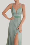 Grey Green A Line Spaghetti Straps Tea Length Dress with Slit