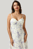 A Line Spaghetti Straps Purple Flower Printed Floor Length Dress