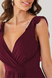 A Line Burgundy V Neck Chiffon High Low Maxi Dress