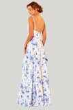 Blue Floral Print A Line Spaghetti Straps Floor Length Dress with Slit