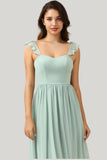 A Line Spaghetti Straps Dusty Sage Slit Maxi Dress with Ruffles