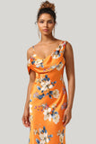 Trendy Mermaid One Shoulder Printed Orange Flower Maxi Dress