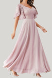 Pink A line Ruffled Chiffon Lace Maxi Dress