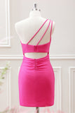 Hot Pink One Shoulder Pleated Hollow Out Bodycon Mini Dress