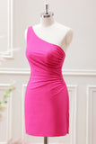 Hot Pink One Shoulder Pleated Hollow Out Bodycon Mini Dress