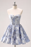 Beauty Blue A Line Pleated Strapless Corset Floral Mini Dress