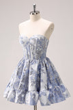 Beauty Blue A Line Pleated Strapless Corset Floral Mini Dress