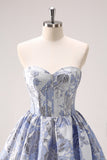 Beauty Blue A Line Pleated Strapless Corset Floral Mini Dress