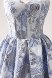 Beauty Blue A Line Pleated Strapless Corset Floral Mini Dress