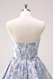 Beauty Blue A Line Pleated Strapless Corset Floral Mini Dress