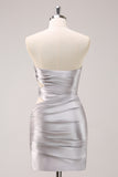 Glitter Beading Pleated Tight Strapless Grey Homecoming Dress