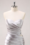 Glitter Beading Pleated Tight Strapless Grey Homecoming Dress