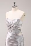 Glitter Beading Pleated Tight Strapless Grey Homecoming Dress