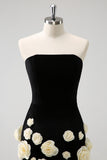 Black Strapless Tight Mini Dress with Flowers