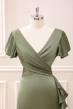 Olive Asymmetrical V Neck Satin Sheath Tea-Length Dress with Ruffles