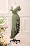 Olive Asymmetrical V Neck Satin Sheath Tea-Length Dress with Ruffles