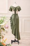 Olive Asymmetrical V Neck Satin Sheath Tea-Length Dress with Ruffles