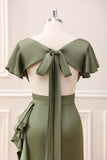 Olive Asymmetrical V Neck Satin Sheath Tea-Length Dress with Ruffles