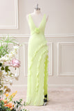 Lemon Sheath Deep V Neck Ruffles Maxi Dress with Slit