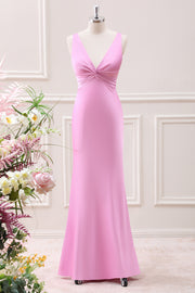 Mermaid Pink V Neck Satin Maxi Dress