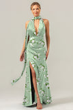 Sage White Flower Halter Backless Slit Sheath Bridesmaid Dress with Neck Ribbon