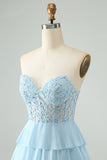 Light Blue A Line Sweetheart Tiered Mini Dress with Appliques