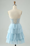 Light Blue A Line Sweetheart Tiered Mini Dress with Appliques