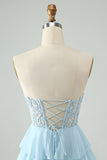 Light Blue A Line Sweetheart Tiered Mini Dress with Appliques