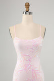 Sparkly Pink Spaghetti Straps Tight Mini Dress with Sequins