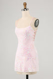 Sparkly Pink Spaghetti Straps Tight Mini Dress with Sequins