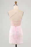 Sparkly Pink Spaghetti Straps Tight Mini Dress with Sequins