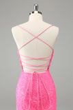 Glitter Hot Pink Bodycon Spaghetti Straps Sequins Mini Dress