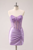 Lilac Strapless Sequins Corset Ruched Tight Mini Dress