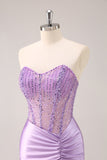 Lilac Strapless Sequins Corset Ruched Tight Mini Dress