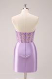 Lilac Strapless Sequins Corset Ruched Tight Mini Dress