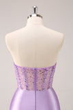 Lilac Strapless Sequins Corset Ruched Tight Mini Dress