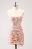 Blush Bodycon Strapless Hollow Out Sequins Ruched Mini Dress with Tassel