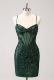 Dark Green Bodycon Spaghetti Straps Corset Mini Dress with Sequins