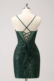 Dark Green Bodycon Spaghetti Straps Corset Mini Dress with Sequins