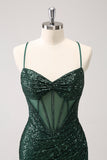 Dark Green Bodycon Spaghetti Straps Corset Mini Dress with Sequins