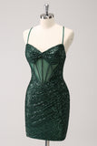 Dark Green Bodycon Spaghetti Straps Corset Mini Dress with Sequins