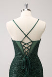 Dark Green Bodycon Spaghetti Straps Corset Mini Dress with Sequins