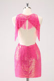 Sparkly Fuchsia V-Neck Backless Tight Mini Dress with Tassel