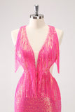 Sparkly Fuchsia V-Neck Backless Tight Mini Dress with Tassel