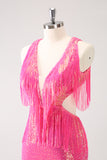 Sparkly Fuchsia V-Neck Backless Tight Mini Dress with Tassel