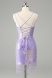 Sparkly Lilac Bodycon Sequins Mini Dress with Tassels