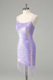 Sparkly Lilac Bodycon Sequins Mini Dress with Tassels