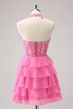 Hot Pink A Line Halter Tiered Corset Mini Dress with Ruffles