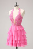 Hot Pink A Line Halter Tiered Corset Mini Dress with Ruffles